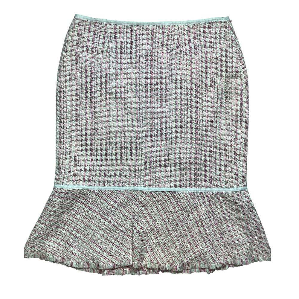 Reba Pink White Tweed Skirt Women’s Size 10 — Silk Blend, Ruffle Hem, Feminine